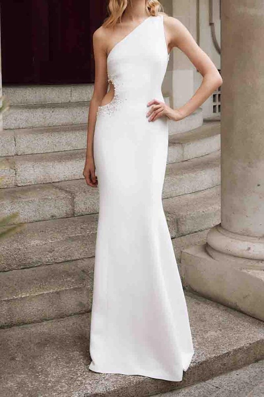 One-Shoulder Sleeveless Cut-Out Beaded Sheath Wedding Gown