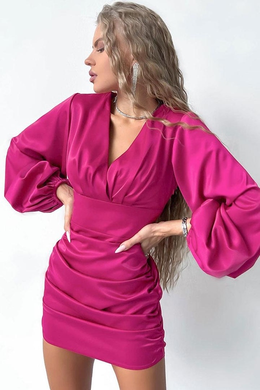 Chic Deep V Hot Pink Bishop Sleeve Ruched Bodycon Party Mini Dress