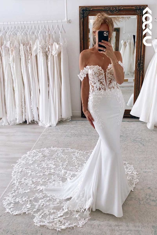 Deep V-Neck Off-Shoulder Lace Sheath Wedding Gown