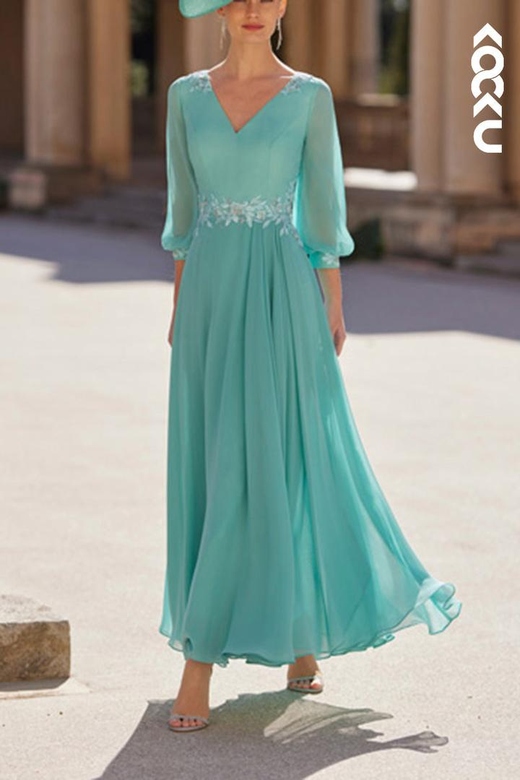 Simple Elegant V-Neck Long Sleeves Dress With Belt