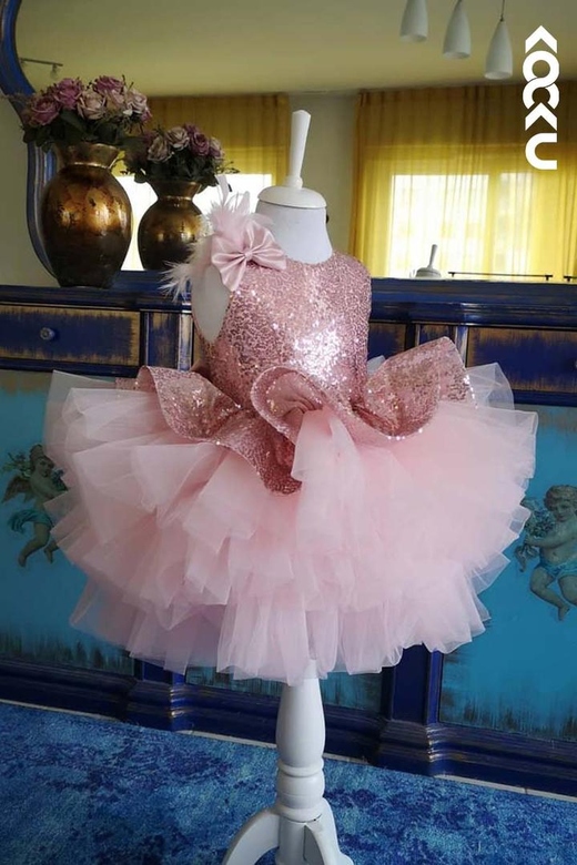 Round Neck Appliqued Satin Tulle Baby Girl Gown with Detachable Skirt