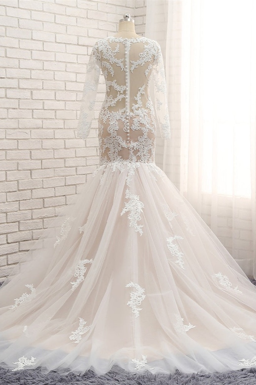 Elegant Longsleeves Jewel Mermaid Wedding Dress, Champagne Tulle & Appliques