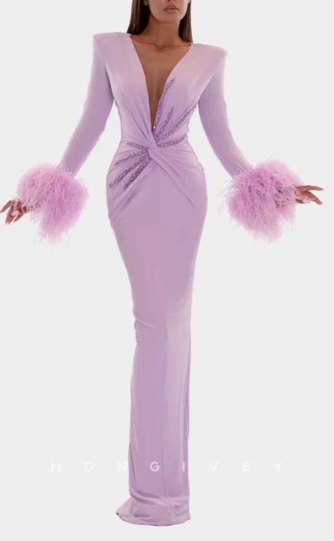 Sexy Fitted V-Neck Empire Long Sleeve Beaded Feathers Ruched Gown