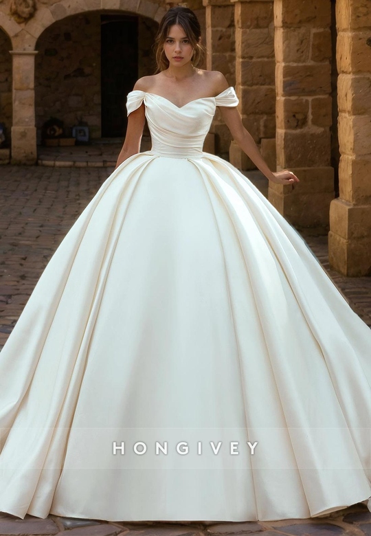 Chic Satin A-Line Off-Shoulder Sleeveless Wedding Gown