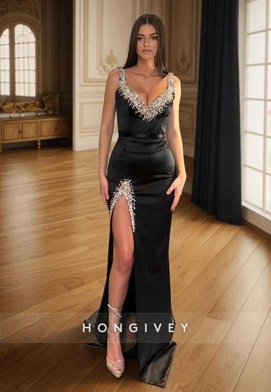 Black V-Neck Spaghetti Straps Long Beaded Prom Dress