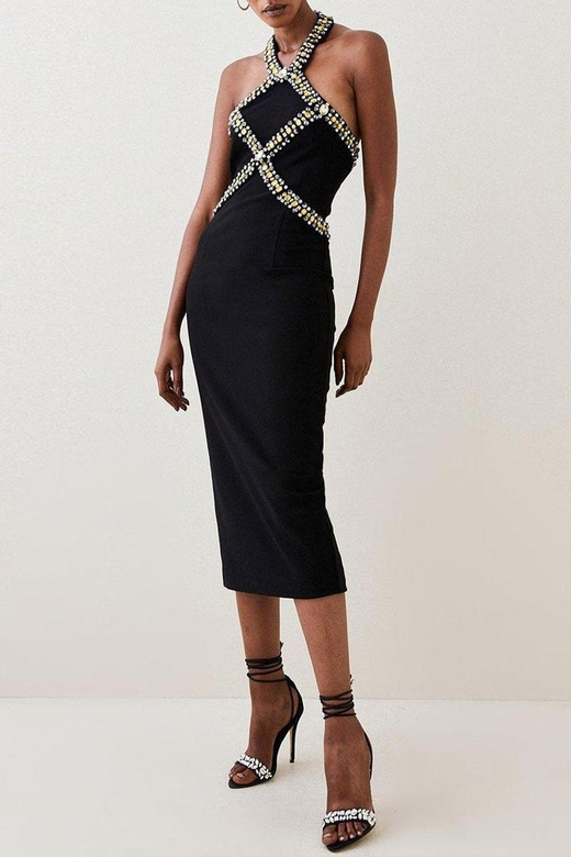 Luxury Black Rhinestone Halter Neck Bodycon Bandage Cocktail Party Midi Dress