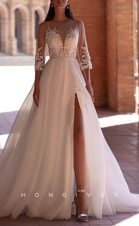 Tulle A-Line Gown, Scoop, 3/4 Sleeves, Empire, Beaded Appliques, Side Slit, Wedding