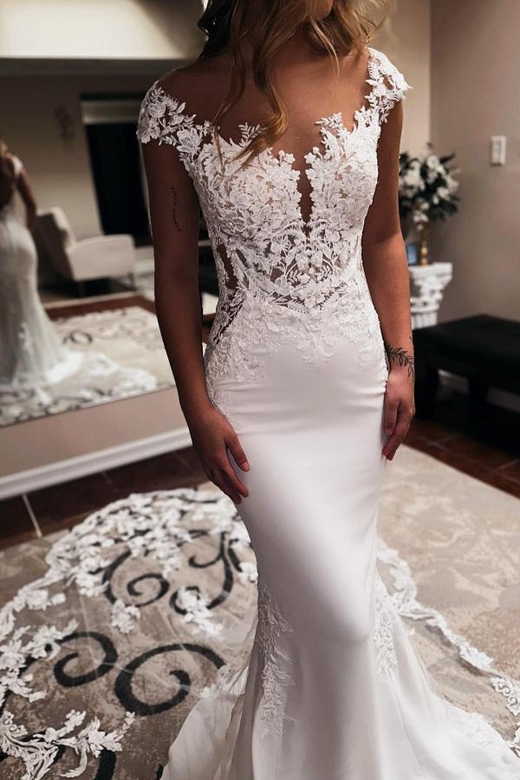 Cap Sleeves Long Mermaid Wedding Dress