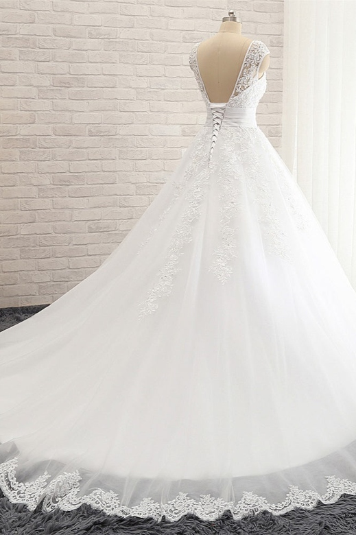 Affordable V-Neck Tulle Lace Wedding Dress, A-Line with Appliques