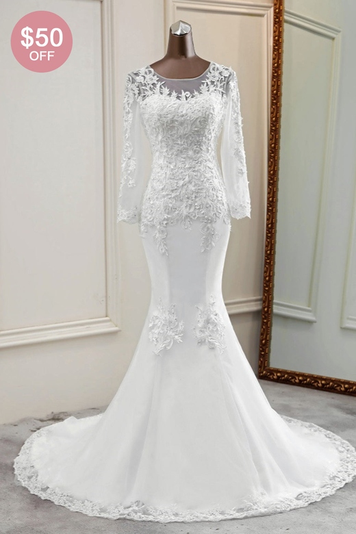 Elegant Jewel Lace Mermaid Gown with Long Sleeves and Appliques