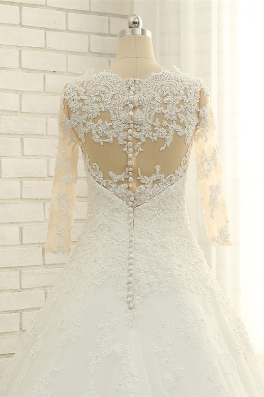 Elegant A-Line Jewel White Tulle Lace Wedding Dress, 3/4 Sleeves