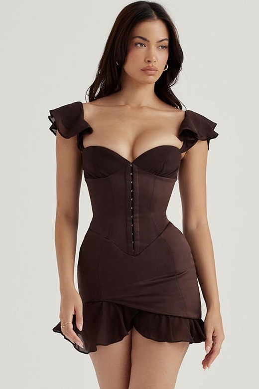 Chocolate Swingy Chiffon Bustier Satin Dress