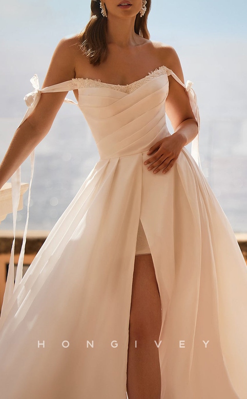 Sexy Satin A-Line Sweetheart Empire Ruched Side Slit Train Bridal Dress