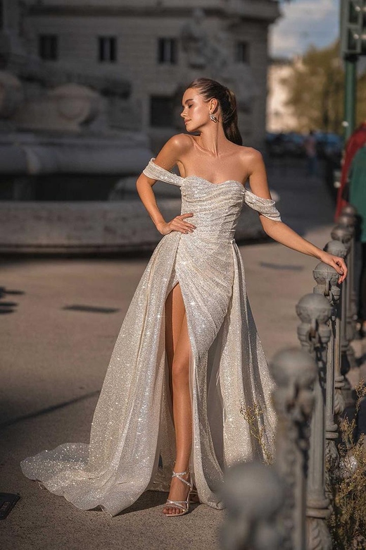 Off-Shoulder Sleeveless Ruched Sequined Sheath Wedding Dress