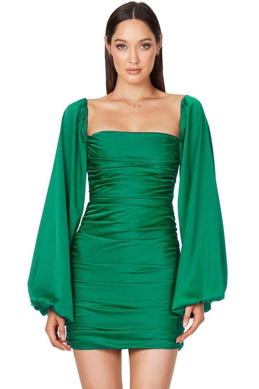 Silky Satin Green Square Neck Bishop Sleeve Ruched Party Mini Dress