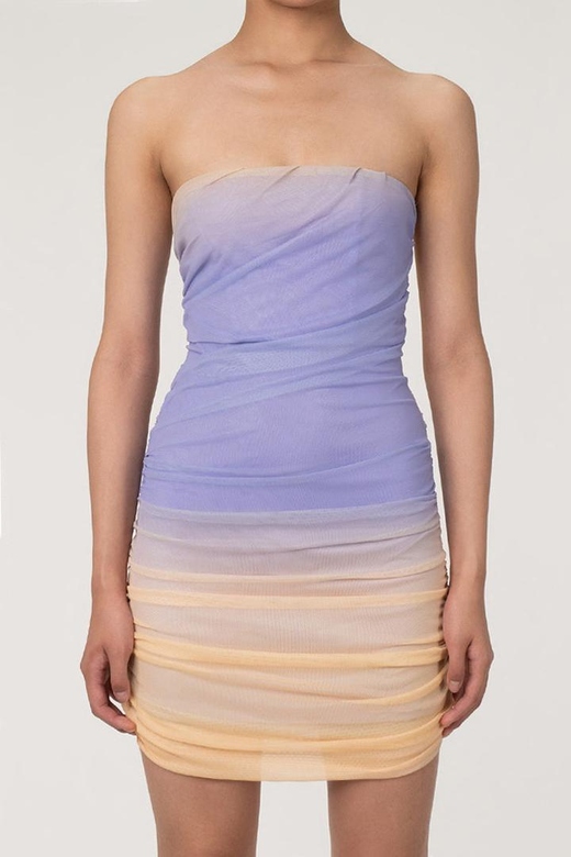 Romantic Ombre Tie Dye Strapless Ruched Mesh Party Mini