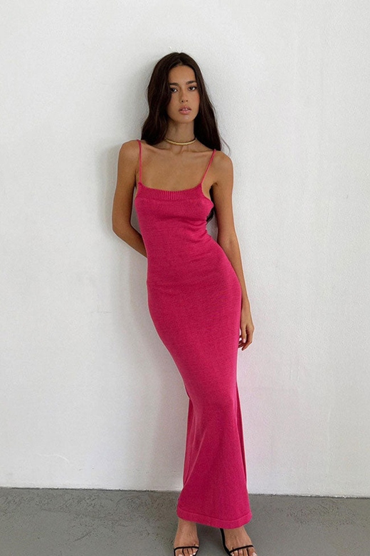 Hot Pink Sexy Rib Knit Scoop Neck Cami Strap Lace Up Backless Knit Slip Midi Dress