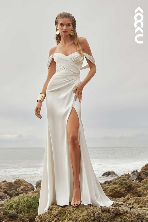 Sweetheart Off-Shoulder Ruched Satin Dress