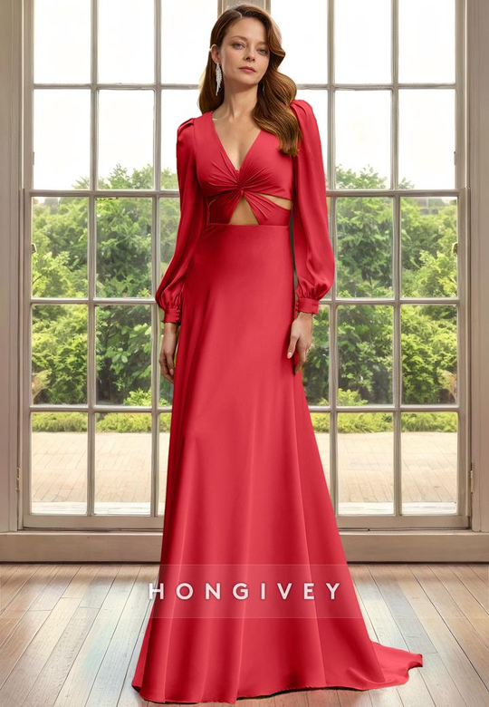 Chic Satin A-Line V-Neck Long Sleeve Mother of the Bride Dress