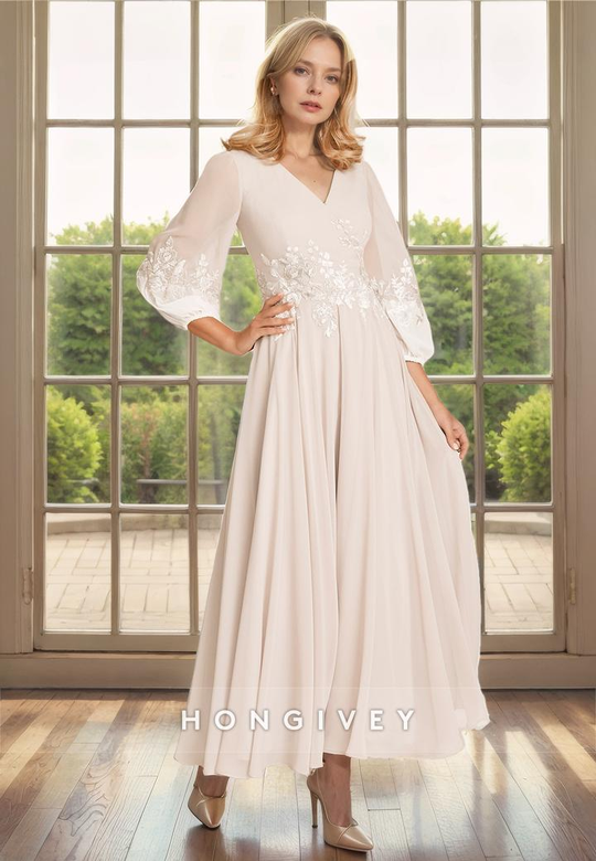 Chiffon A-Line Empire Long Sleeve Appliques Mother-of-the-Bride Gown