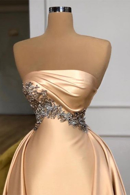 Champagne Strapless Overskirt Prom Dress, Long with Crystals