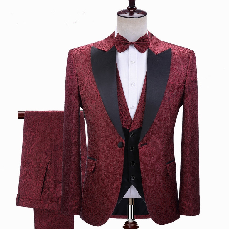 Burgundy Jacquard Peaked Lapel Three-Piece Suit