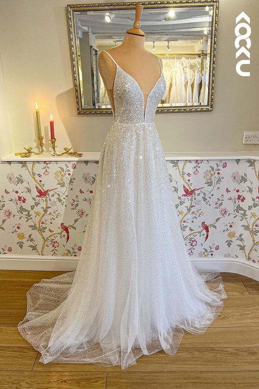 A-Line V-Neck Sequined Tulle Sleeveless Wedding Gown