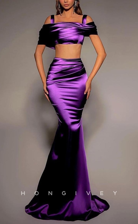 Sexy Satin Two Piece Illusion Off-Shoulder Ruched Gown