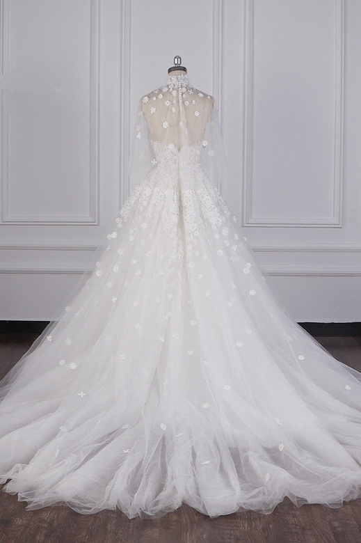 Chic High-Neck Tulle Lace Wedding Dress with Sleeves