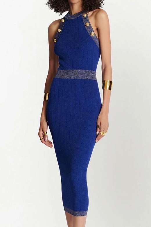 Military Metal Button Royal Blue Sleeveless Sweater Midi Dress