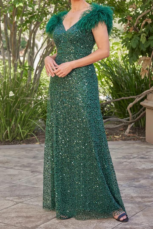 V-Neck Sleeveless Sequined A-Line Long Mother of the Bride Gown