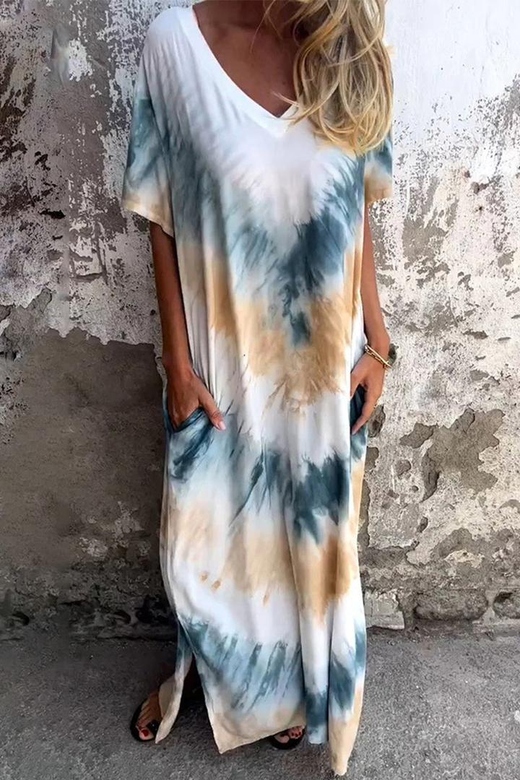 Casual Print Tie Dye Pocket V-Neck A-Line Short Sleeve Dress (4 Colors)