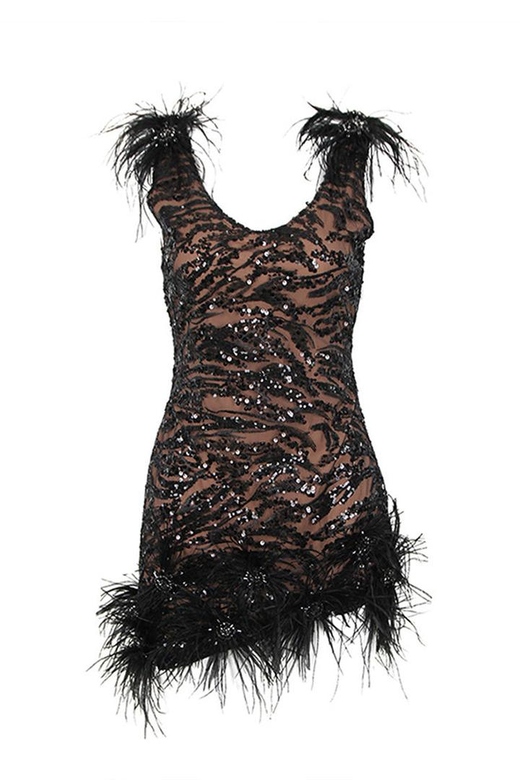 Sparkly Sequin Feather Trim Scoop Neck Sleeveless Bodycon Mini