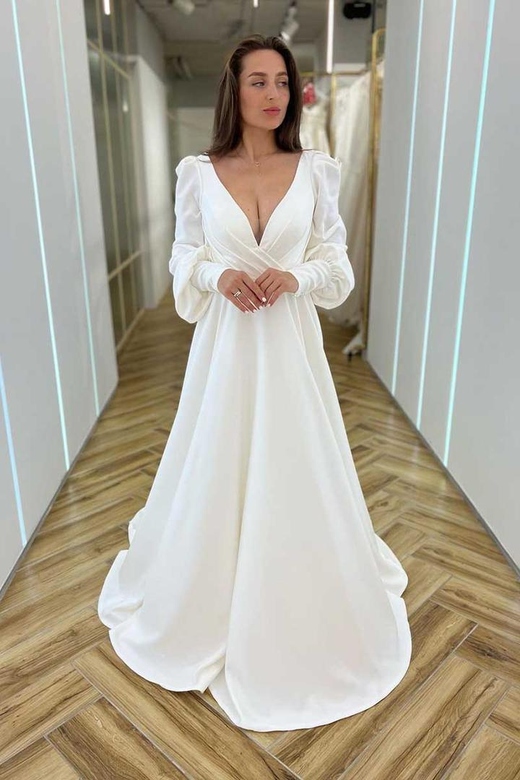 Low V-Neck Long Sleeves Ruched Satin A-Line Wedding Gown