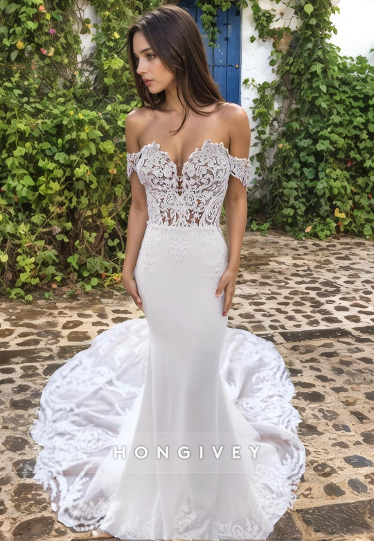 Chic Trumpet Off-Shoulder Lace Wedding Dress with Train