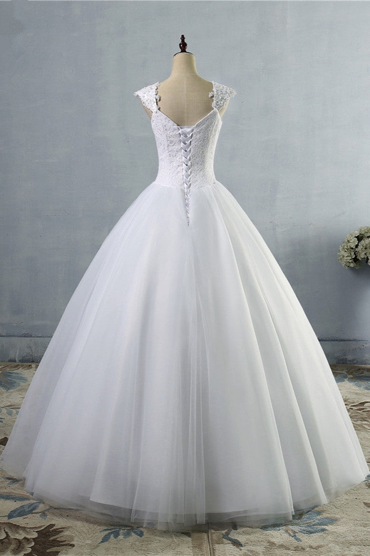 Affordable Sweetheart Tulle Lace Wedding Dress with Cap Sleeves