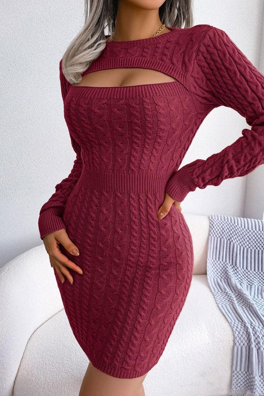 Sexy Cutout Burgundy Fisherman Cable Knit Bodycon Sweater Mini Dress