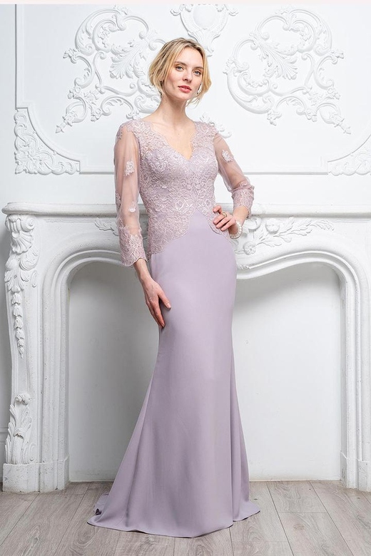 V-Neck Long Sleeves Lace Chiffon Sheath Mother of the Bride Gown