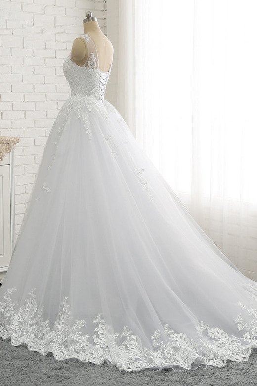 Classic Round Neck Lace Appliques, White Princess Wedding Gown