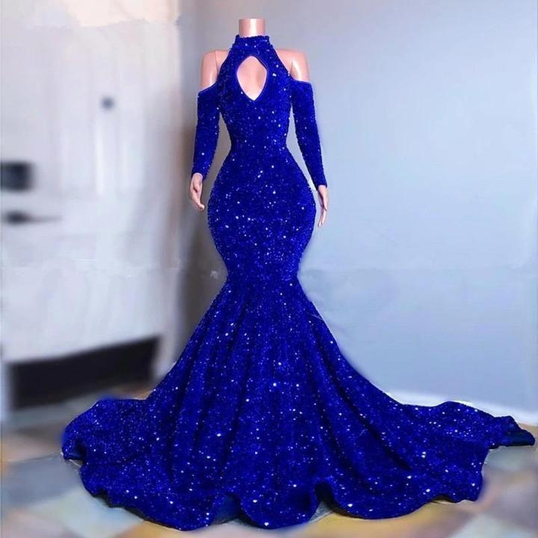 Royal Blue Long Sleeves Prom Dress, Mermaid Long with Sequins