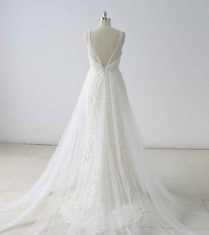 Gorgeous Simple White Lace V-Neck Gown with Sleeveless Appliques