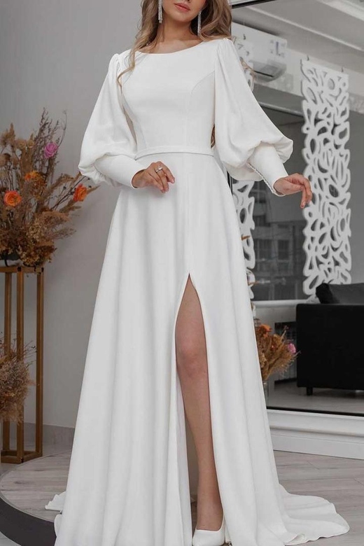 Scoop Long Sleeves Cut Outs Satin A-Line Dress with Slit