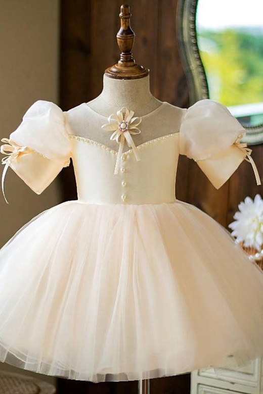 Scoop Puff Sleeves Beaded Satin A-Line Flower Girl Dress with Bows