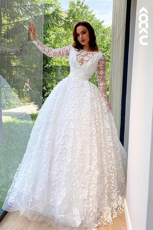 Elegant & Luxurious V-Neck Long Sleeves A-Line Applique Bridal Gown