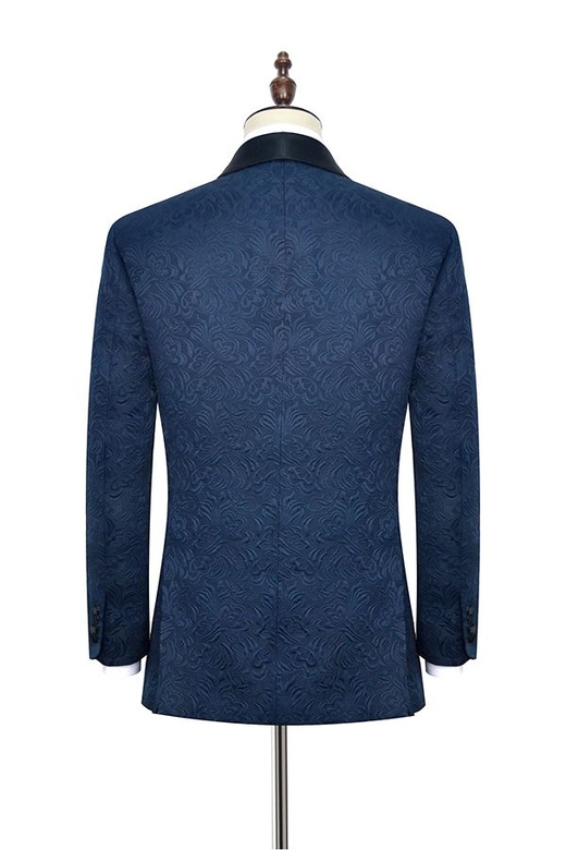 Navy Blue Wedding Suits, Jacquard Silk Shawl Lapel