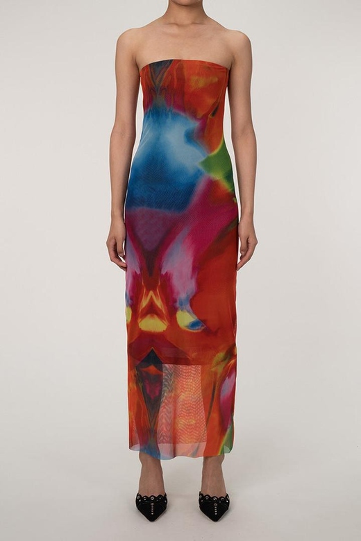 Sexy Bold Multicolor Abstract Printed Summer Strapless Mesh Maxi Dress