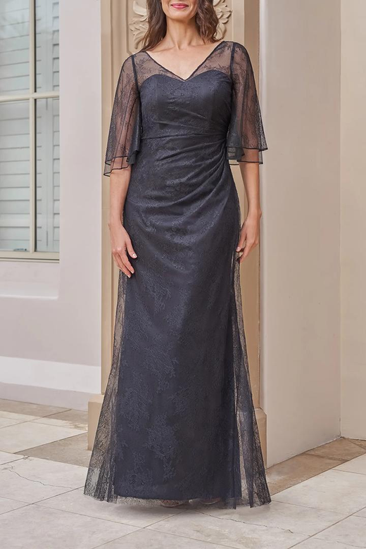 V-Neck Half Sleeves Lace Satin Sheath Mother of the Bride