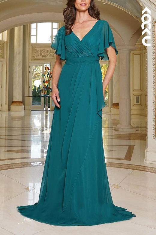 Elegant V-Neck Short Sleeves A-Line Mother's Formal Dress