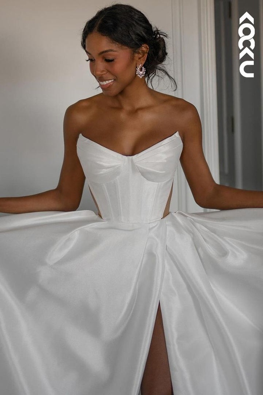 Simple & Elegant V-Neck Sleeveless A-Line Slit Wedding Gown