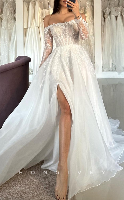 Off-Shoulder Long Sleeve Lace Applique Side Slit Wedding Gown